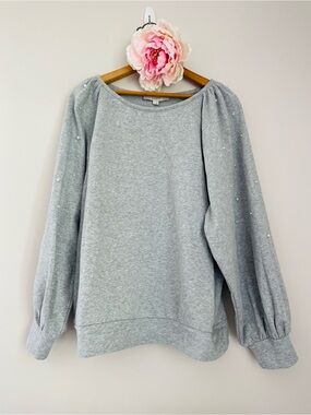 LOFT Light Heather Gray Pearl Embellished Balloon Sleeve Pullover Sweatshirt XL